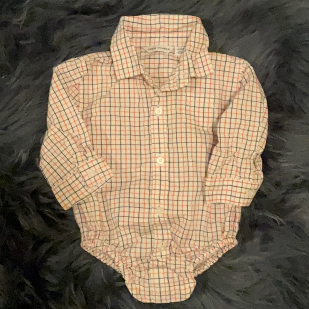Janie and Jack blue, orange and white plaid long sleeve collar shirt. 3-6m
